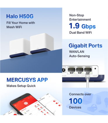 Mercusys AC1900 Whole Home Mesh Wi-Fi System Halo H50G (2-Pack) 802.11ac, 600+1300 Mbit/s, Ethernet LAN (RJ-45) ports 3, Mesh Su