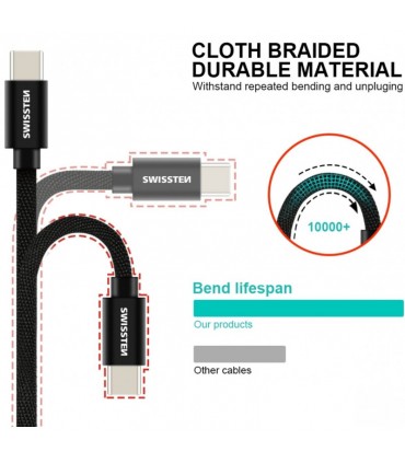 Swissten kaabel USB-C to USB-C tekstiil 2m , must