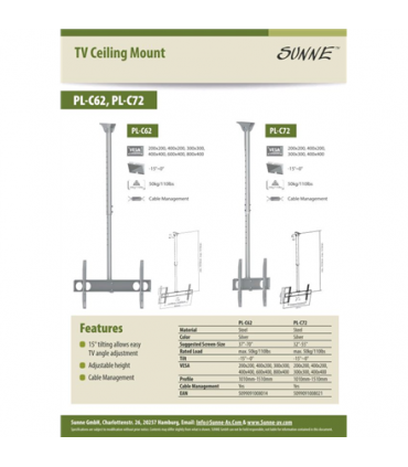 Sunne Ceiling mount PL-C62 37-70 " Tilt Maximum weight (capacity) 50 kg Silver