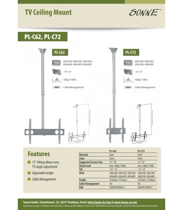 Sunne Ceiling mount PL-C62 37-70 " Tilt Maximum weight (capacity) 50 kg Silver