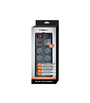 REAL-EL RS-8F pikendusjuhe 8 pesa ülepingekaitsmega+2xUSB, 3m