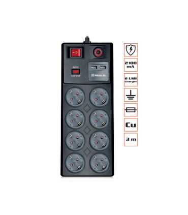 REAL-EL RS-8F pikendusjuhe 8 pesa ülepingekaitsmega+2xUSB, 3m