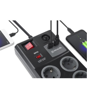 REAL-EL RS-8F pikendusjuhe 8 pesa ülepingekaitsmega+2xUSB, 3m