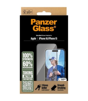 Panzerglass iPhone 16/15 , musta äärega, Ultra-Wide Fit