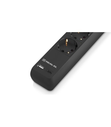REAL-EL RS-Protect 605 pikendusjuhe 6 pesa+USB ülepingekaitsmega, 3m
