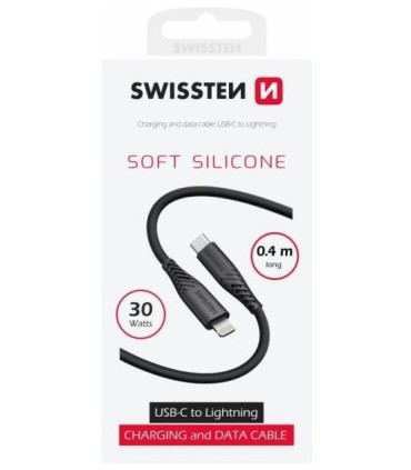 Swissten kaabel silikoon USB-C to Lightning 0,4m 30W, must