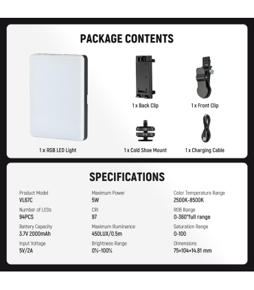 Neewer videovalgusti VL67C RGB LED 5W