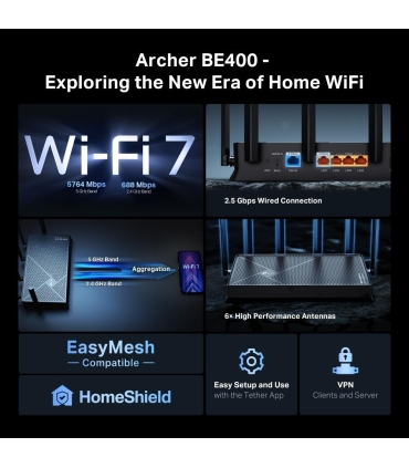 TP-LINK Wireless Router  Archer BE400 Wi-Fi 7 (802.11be) Data speed 5764 Mbit/s Ethernet WAN Yes WAN connection type RJ-45 Ether