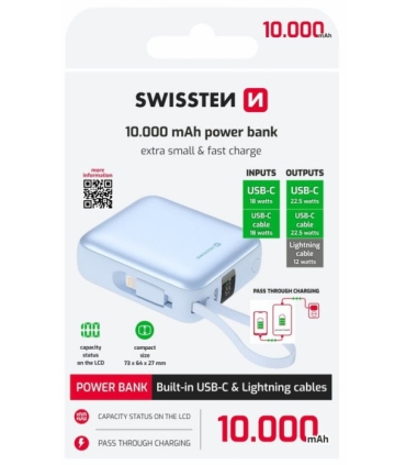 Swissten akupank 10000 mAh koos juhtmetega, helesinine