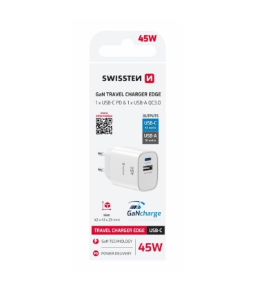 Swissten GaN laadija USB-C/USB-A 45W, valge