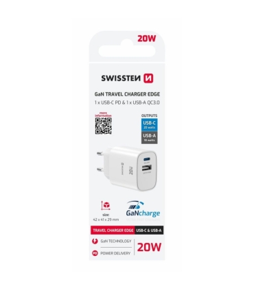 Swissten GaN laadija USB-C/USB-A 20W, valge