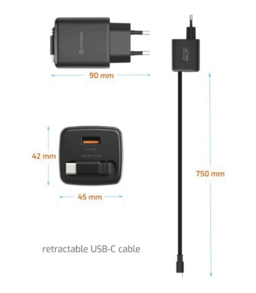 Swissten Slidecharge reisilaadija sissehitatud kaabliga+ USB A PD 30W must