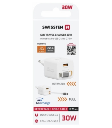 Swissten Slidecharge reisilaadija sissehitatud kaabliga+ USB A PD 30W valge
