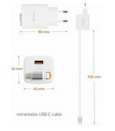 Swissten Slidecharge reisilaadija sissehitatud kaabliga+ USB A PD 30W valge