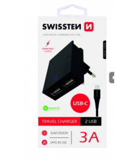 Swissten reisilaadija USB 3А / 15W + USB-C kaabel 1,2m/must