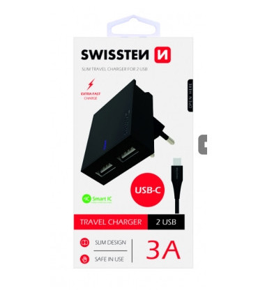 Swissten reisilaadija USB 3А / 15W + USB-C kaabel 1,2m/must