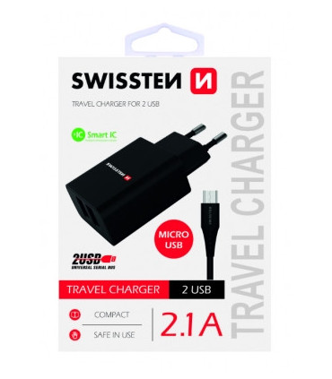 Swissten reisilaadija USB 2.1A / 10.5W must, micro USB kaabel komplektis