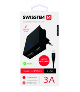 Swissten reisilaadija USB 3А / 15W + Lightning kaabel 1,2m/must
