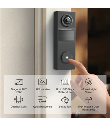 TP-LINK 2K Battery Video Doorbell | Tapo D205 | 3 MP | 2.4mm/F2.2 | IP54 | H.264 | Micro SD, Max. 512