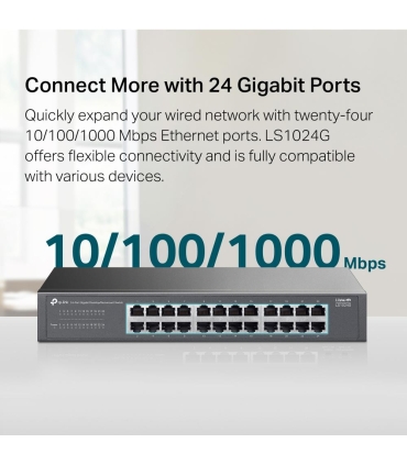 TP-LINK Switch  Switch type Unmanaged 24xRJ-45 ports RJ-45 Ports Type Gigabit Ethernet (10/100/1000) LS1024G