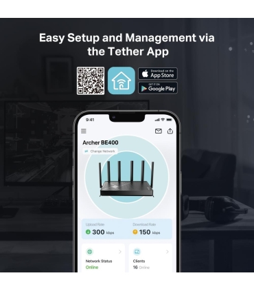 TP-LINK Wireless Router  Archer BE400 Wi-Fi 7 (802.11be) Data speed 5764 Mbit/s Ethernet WAN Yes WAN connection type RJ-45 Ether