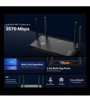 TP-LINK Wireless Router  ARCHER BE3600 Wi-Fi 7 (802.11be) Data speed 2882 Mbit/s Ethernet WAN Yes WAN connection type RJ-45 Ethe