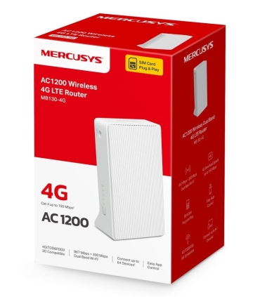 Mercusys | AC1200 Wi-Fi 4G LTE Router | MB130-4G | 802.11ac | 10/100 Mbit/s | Mesh Support No | MU-MiMO No | 4G | Antenna type E