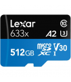 Lexar High-Performance 633x UHS-I  MicroSDXC, 512 GB, Flash memory class 10, Black/Blue, Class: A2 V30 U3, 70 MB/s, 100 MB/s