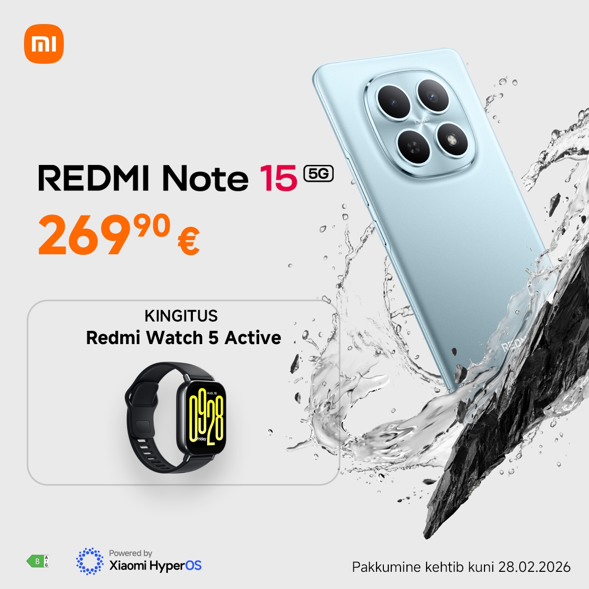 Redmi Note 15 (või Note 15 5G või Note 15 Pro) ostuga kingituseks Redmi Watch 5 Active