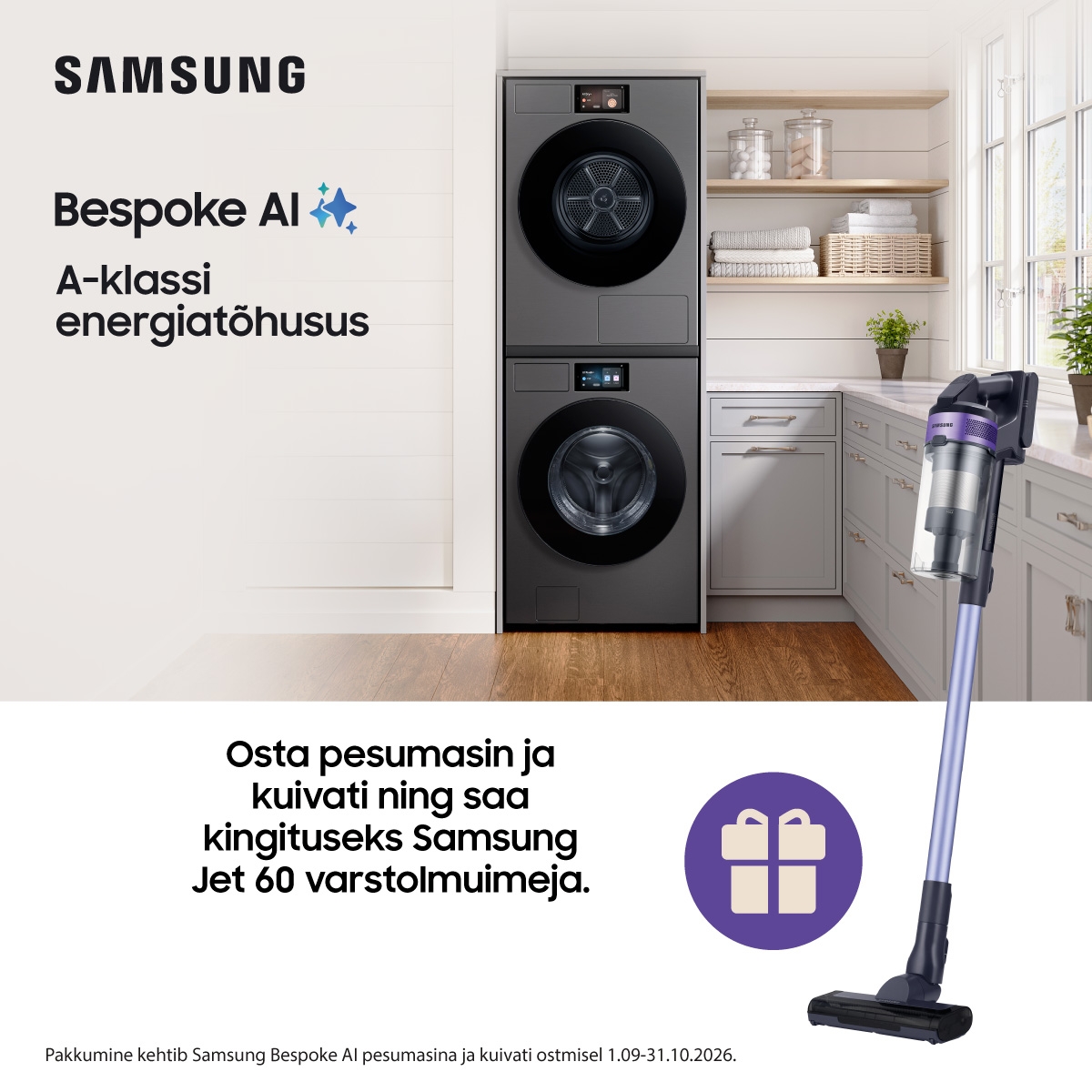 Osta Samsung Bespoke AI pesumasin ja kuivati, saad kingituseks varstolmuimeja!