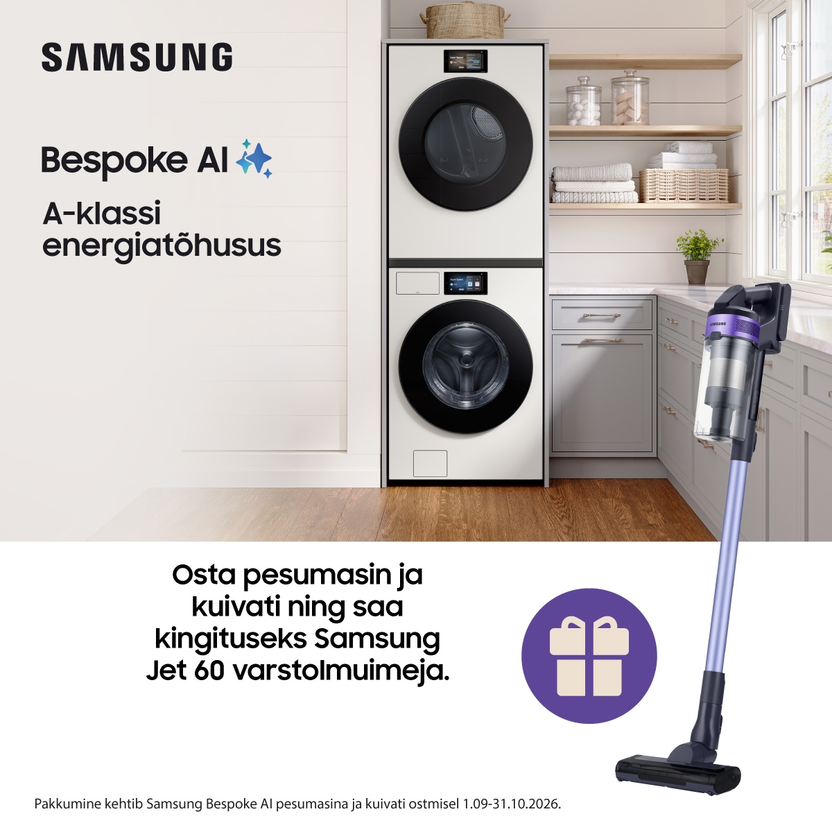 Osta Samsung Bespoke AI pesumasin ja kuivati, saad kingituseks varstolmuimeja!