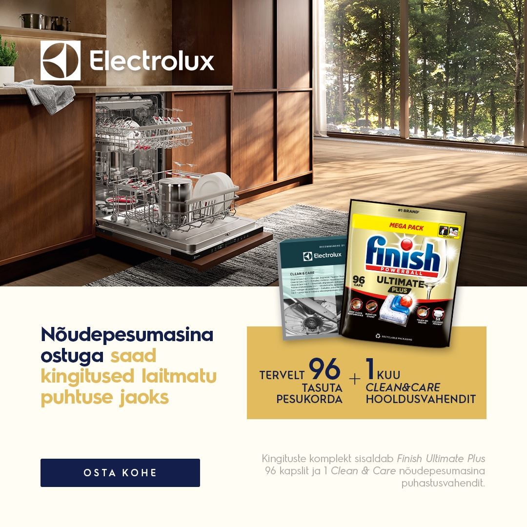 Electrolux nõudepesumasinaga kaasa kinkekomplekt: Finish kapslid ja Clean&Care puhastusvahend
